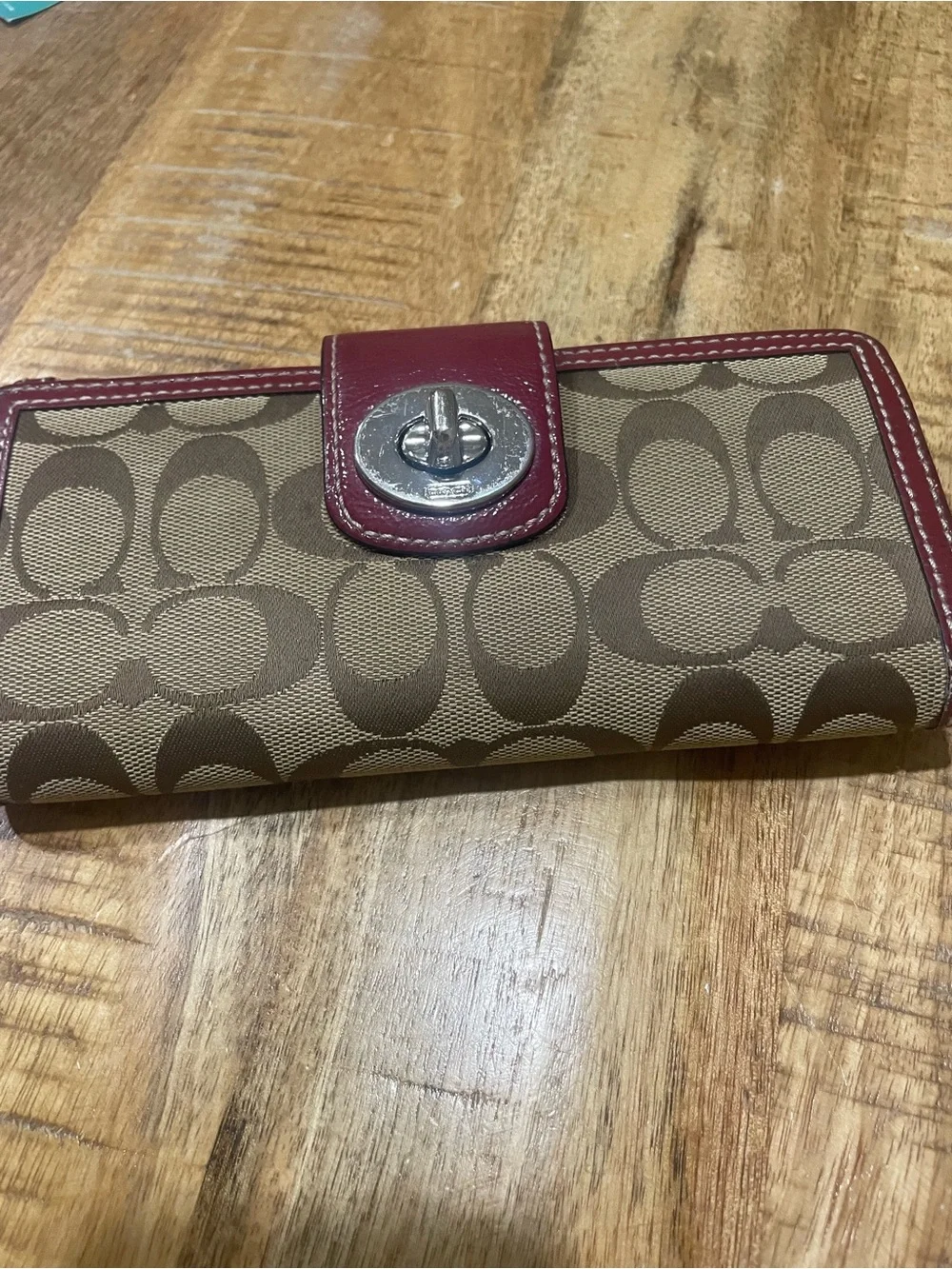 Vintage Coach Signature Canvas Card Wallet with Magenta Leather Trim